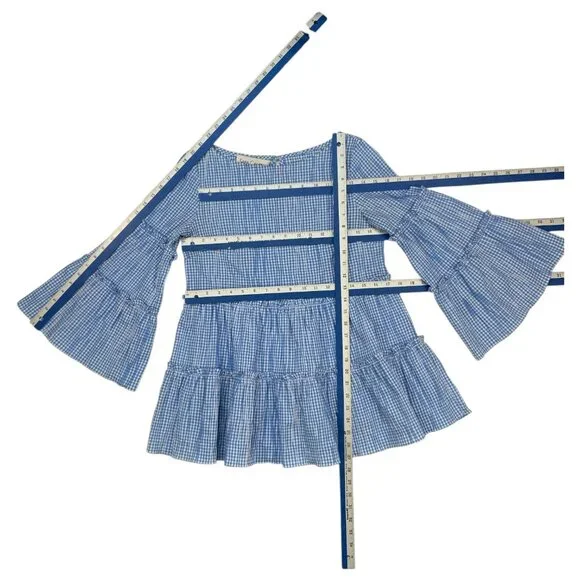 Sara Campbell Ruffle Tiered Tunic Top Blouse S Blue Gingham Bell Sleeve - Picture 6 of 14
